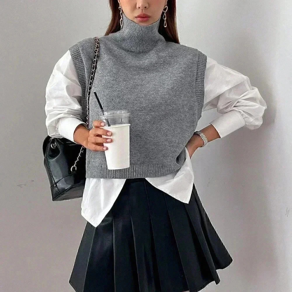Grey Casual Womens Turtleneck Split Hem Sweater Vest